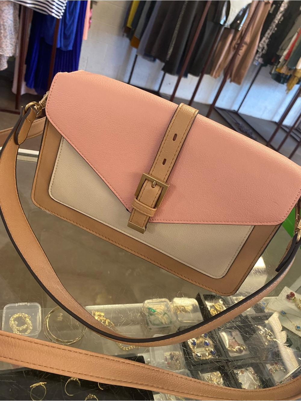 Colorblock Pink, Cream & Tan Crossbody Bag with Buckle Detail